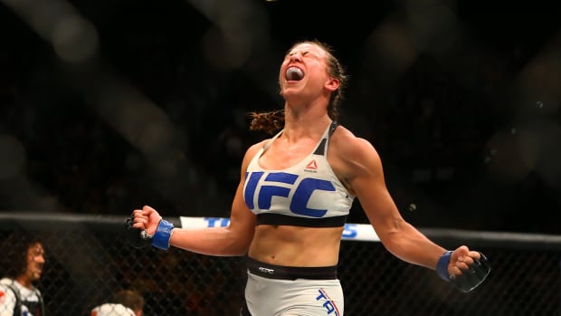 March 5, 2016; Las Vegas, NV, USA; Miesha Tate celebrates her victory by submission against Holly Holm (not pictured) during UFC 196 at MGM Grand Garden Arena.